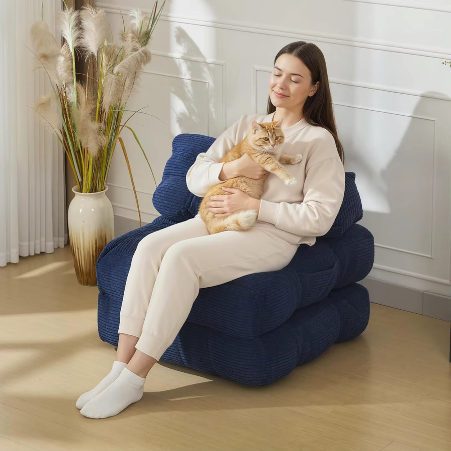 HiMISS Klappbares Einzel-Schlafsofa als Bodenliege mit Rückenlehne aus Cord in Beige oder Blau - Bild 2