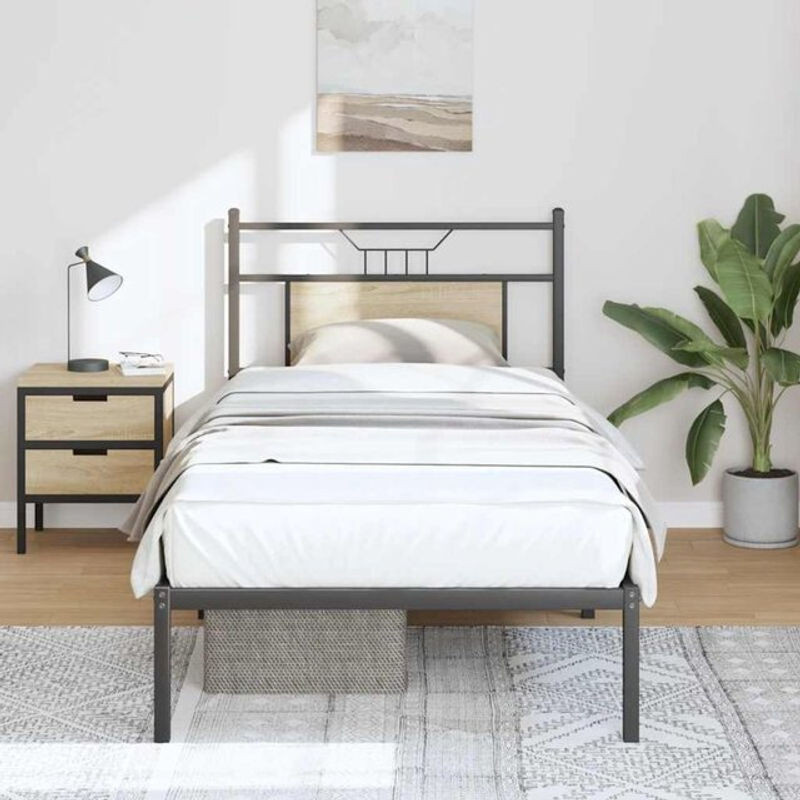 Bettgestell ohne Matratze Vidaxl in Sonoma-Eiche Natur und Schwarz im Industrial-Design aus Holzwerkstoff und Metall, B/T/H: 90 x 200 cm - Bild 1
