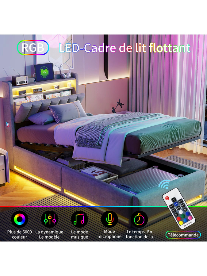 Rosahqnda Doppelbett aus Samt mit LED-Beleuchtung, USB-Anschlüssen und Abblagefach in Pink oder Grau, B/T/H: 90 x 200 cm - Bild 4