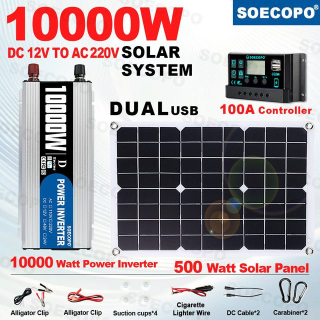 Soecopo Off-Grid Solarsystem mit 500W Solarpanel, 100A Laderegler und 10000W/1100W Wechselrichter DC12V zu 220V für Zuhause, Wohnmobil und Camping - Bild 1