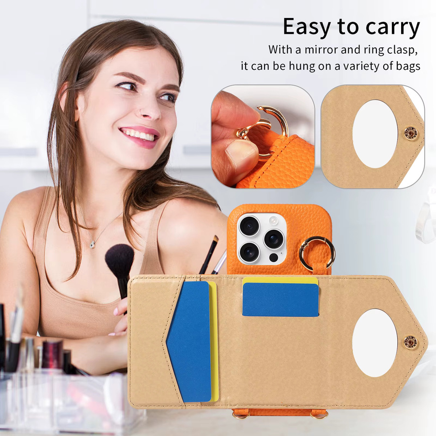Crossbody PU-Leder-Handyhülle mit Spiegel für iPhone 17 17 Air 17 Pro 17 Pro Max 16 15 14 13 Pro in Pink und Orange mit Anti-Drop und Anti-Entmagnetisierung - Bild 4