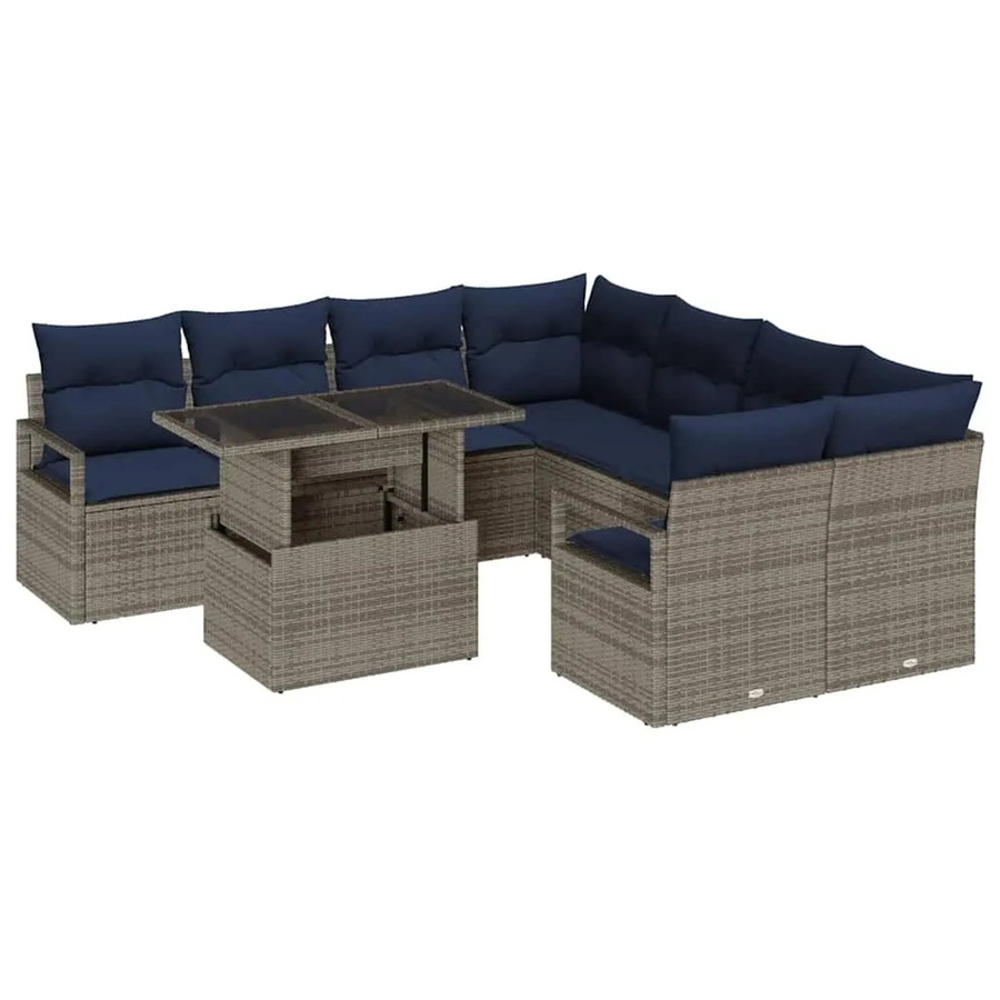 vidaXL Gartensofa-Set aus Poly-Rattan in Grau und Marineblau mit 9 Teilen und 10 Kissen - Bild 2