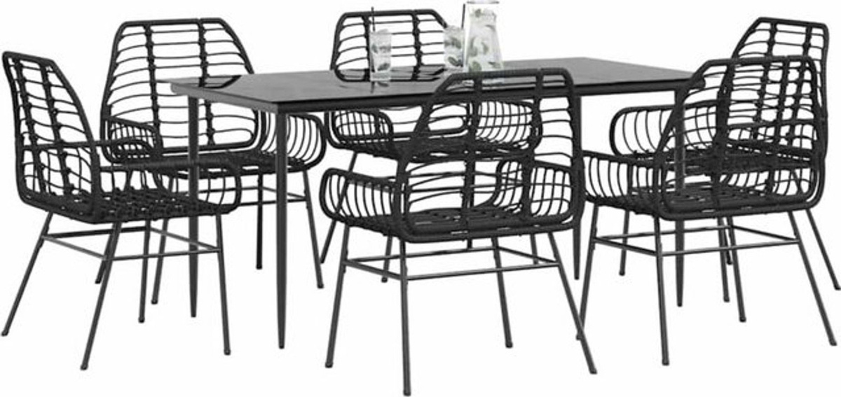 Vidaxl 7-teiliges Garten-Esszimmerset aus schwarzem Polyrattan mit Glastisch und Metallgestell - Bild 1