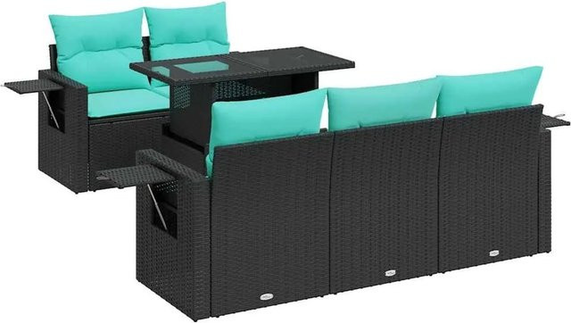 vidaXL 6-teilige Garten-Sofagarnitur aus Polyrattan und Akazie in Schwarz mit Kissen und Tisch - Bild 1
