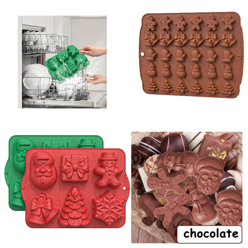 Silikon-Backformen-Set für Weihnachten mit Motiven wie Weihnachtsmann, Baum und Schneeflocke in den Farben Braun und Rot für Kekse, Schokolade und Candy DIY - Bild 5