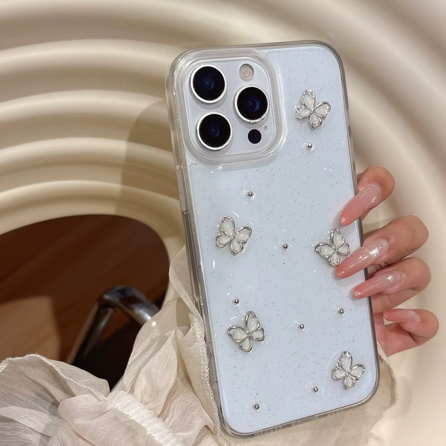 NUOCDE Schutzhülle mit 3D-Schmetterling-Glitzer-Design für iPhone 11 bis iPhone 16 Pro Max, transparent, stoßfeste Epoxy-Hülle im koreanischen Stil - Bild 2