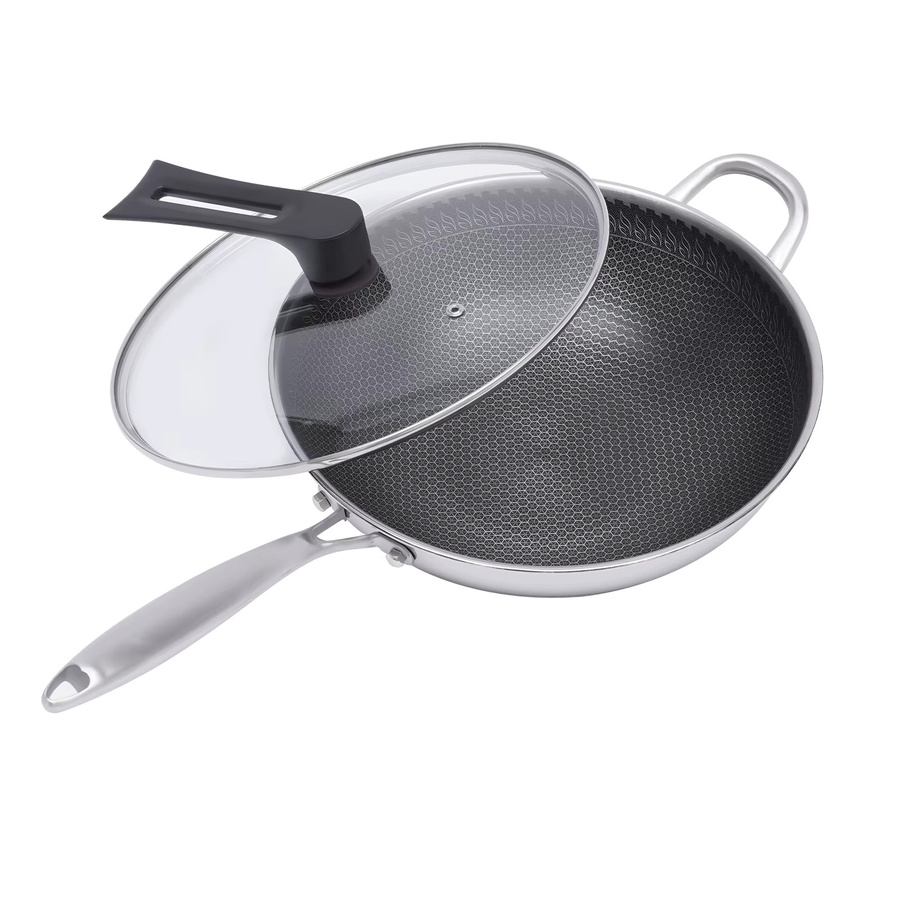 Bymaocar Wok-Pfanne aus Edelstahl mit Glasdeckel und Wabenbeschichtung, Farbe: Silber, Durchmesser: 30 cm, Höhe: 8,84 cm - Bild 2