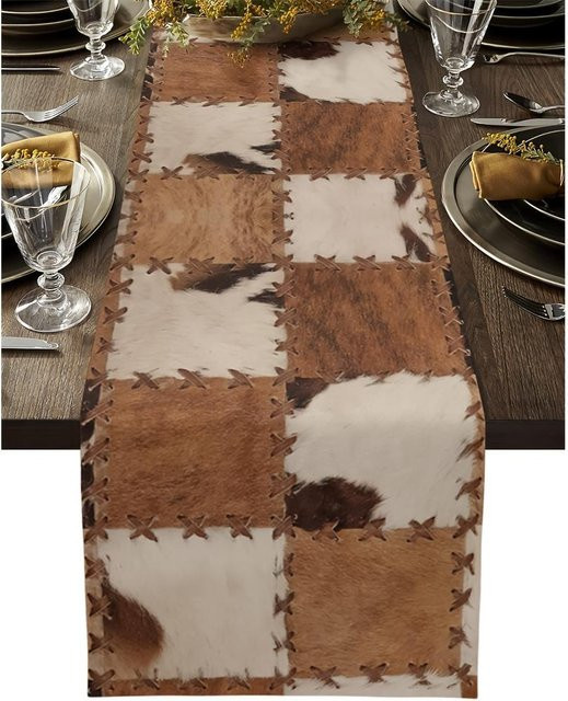 JINGYUE Pet Tischläufer aus Leinen im Kuhleder-Design, Braun, B: 150 cm, T: 33 cm - Bild 1