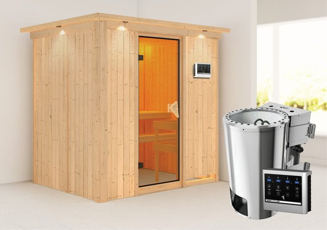 Karibu Sauna Finja BioKombiofen mit externer Steuerung und Ganzglastür in Bronze, B/T/H: 196 x 151 x 202 cm - Bild 1