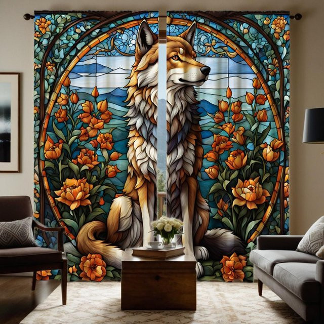 2er-Set dekorative Vorhänge mit Einsamer Wolf und Blumenmuster in Braun und Multicolour, B: 132 cm, H: 160 cm - Bild 1