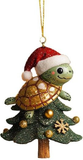 Weihnachtsbaum Anhänger Schildkröte mit Weihnachtsmannmütze Design in Grün aus Kunststoff - Bild 1