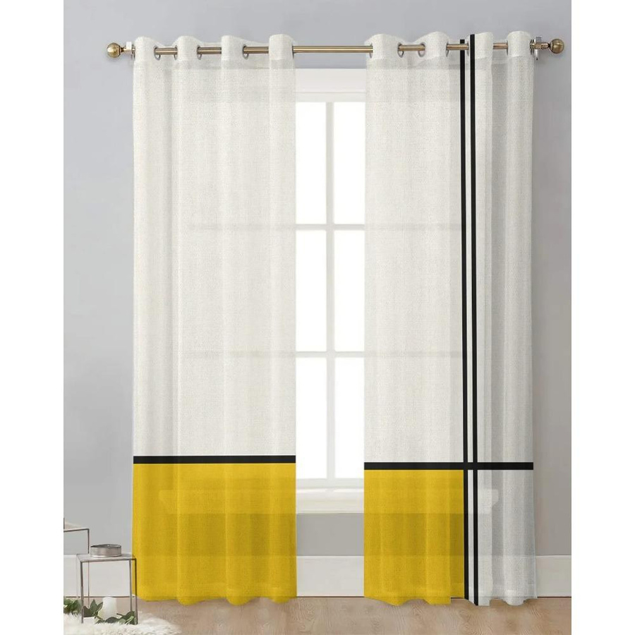 Yiran Furniture Transparente Voile Tüll Vorhänge mit gelben abstrakten geometrischen Linien, Breite: 135 cm, Höhe: 115 cm - Bild 1
