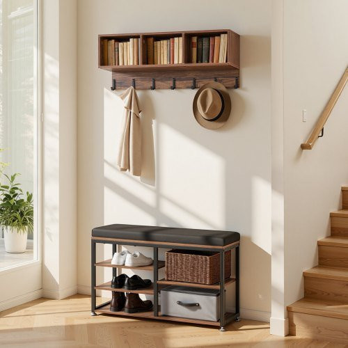 VEVOR Garderobenständer mit Sitzbank und Schuhregal in Braun, Hall Tree Set mit Haken und Ablage aus Stahl für Eingangsbereich, Schlafzimmer oder Büro - Bild 1