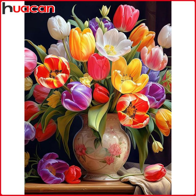 Huacan Diamantmalerei Tulpen in Vase – Dekoratives Diamant-Mosaik Blumen-Set in Mehrfarbig, B/H: 20 x 30 cm - Bild 1