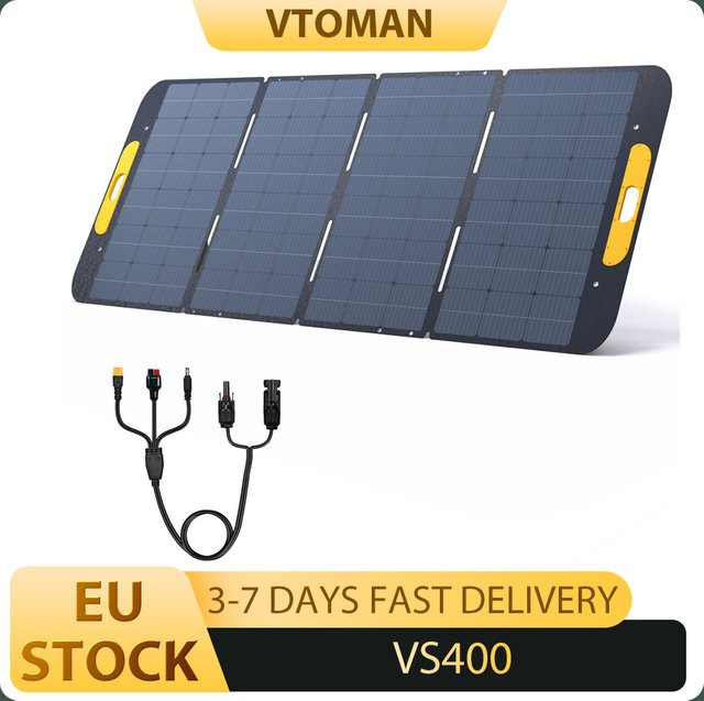 VTOMAN VS400 faltbares Solarpanel 400W mit hocheffizienten monokristallinen Zellen, IP67 wasserdichter ETFE-Oberfläche, verstellbarem Ständer und MC4-Anschluss in Schwarz - Bild 1
