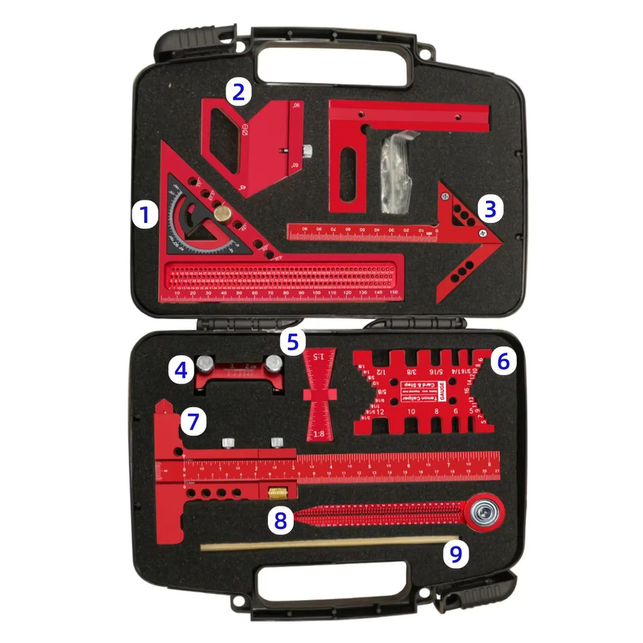 FNICEL 9-teiliges Holzbearbeitungs-Set mit Box inklusive Aluminium-Anreißlineal, Mittelsucher, Zeichenkompass und Höhenmesser - Bild 2