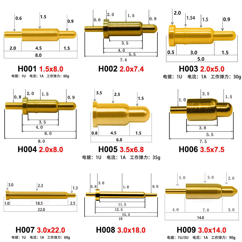 Cltgxdd Pogopin Batterie Federbelasteter Kontakt für PCB Test Probe SMD SMT DIP Hochstrom Stecker in Gold - Bild 1
