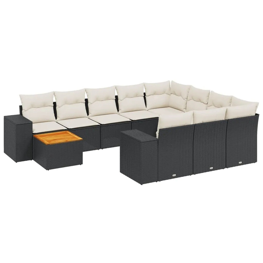 vidaXL 11-teilige Garten-Sofagarnitur in L-Form aus Polyrattan und Akazienholz mit Kissen in Schwarz-Creme - Bild 2