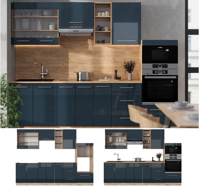 Vicco Küchenzeile Fame-Line Eiche Dunkelblau Hochglanz mit Arbeitsplatte Anthrazit Breite: 280 cm, Höhe: 82 cm, Tiefe: 60 cm - Bild 1