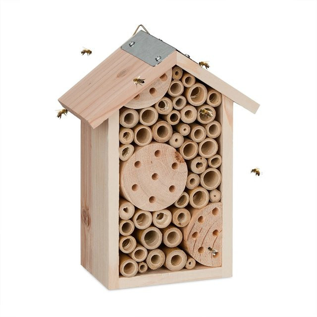 Relaxdays Bienenhotel aus Tannenholz und Bambus in Natur mit Eisenbefestigung, B/T/H: 21 x 15,5 x 9 cm - Bild 1