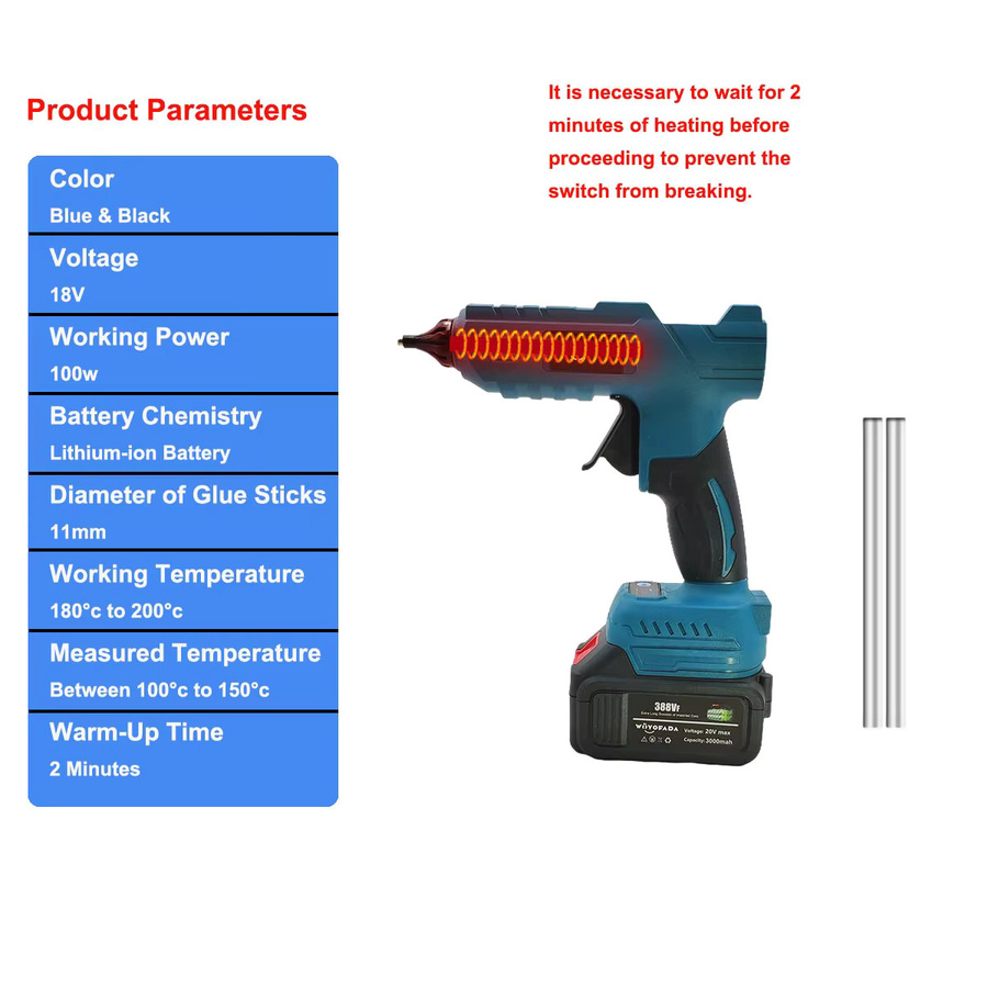 WOYOFADA Elektrische Heißklebepistole für Makita 18 V Akku, kabelloser Kleber in Blau für 11 mm Klebestifte - Bild 2