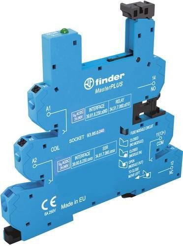 Finder 93.66.0.240 Relaissockel mit Haltebügel, LED und EMV-Entstörbeschaltung, passend für Serie 34, Blau - Bild 1