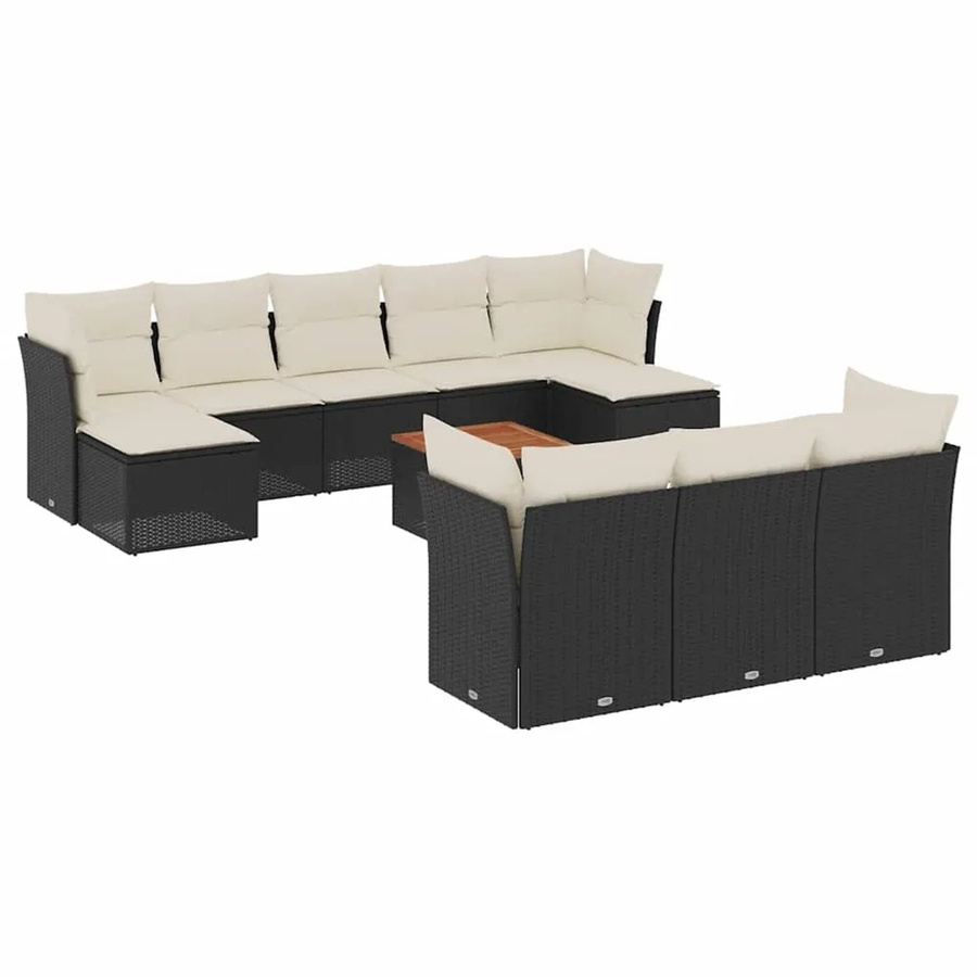 vidaXL 11-teilige Garten-Sofagarnitur in U-Form aus Polyrattan und Akazienholz mit Kissen in Schwarz-Creme - Bild 2