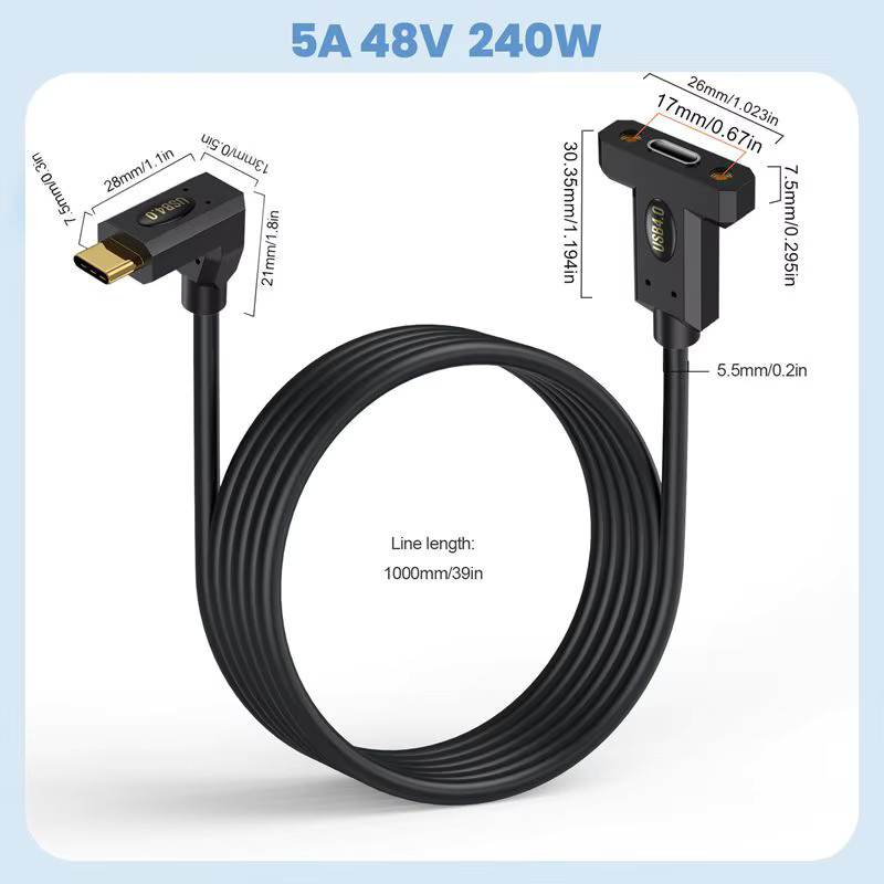 AXONUS USB4 Typ-C Panel-Verlängerungskabel mit Ohrschraube, Thunderbolt 4 kompatibel, 240 W, Schwarz - Bild 2