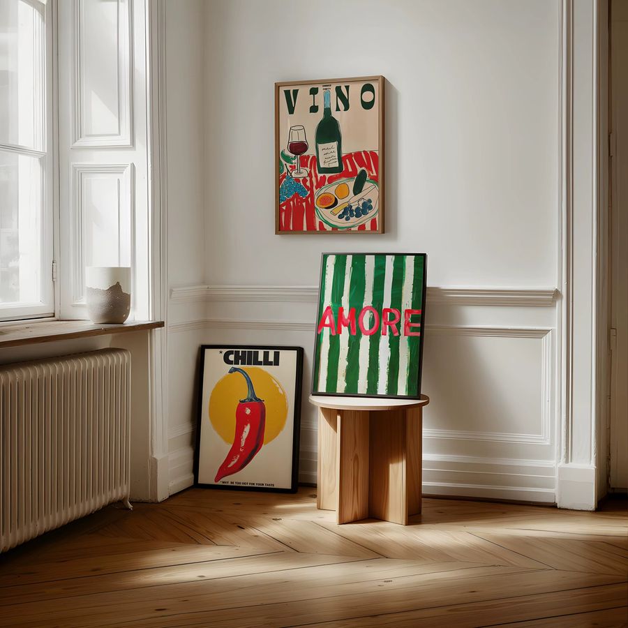 Amore Leinwanddruck Wandkunst mit Weinglas und Pfeffer in Grün gestreift für Wohnzimmer und Küche - Bild 3