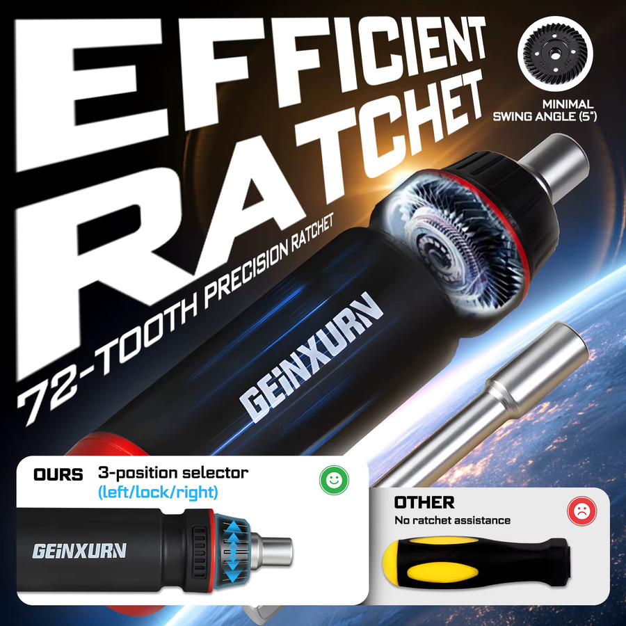 Geinxurn Ratschenschraubendreher-Set mit langem Griff, Steckdosen und S2 FIXEDGE Multi-Schraubendreher-Bits in Schwarz - Bild 5