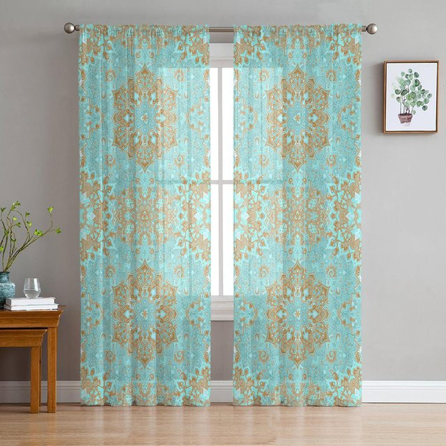 Yiran Furniture Transparentes Tüll-Vorhang mit arabischem Blumenmuster in Türkis, Breite: 135 cm, Höhe: 137 cm - Bild 1