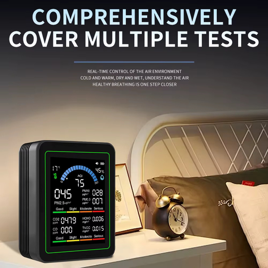 Aideepen 10-in-1 Luftqualitätsmonitor in Schwarz: CO CO2 PM2,5 PM0,3 PM1,0 Formaldehyd-Detektor sowie Temperatur- und Feuchtigkeitstester - Bild 3