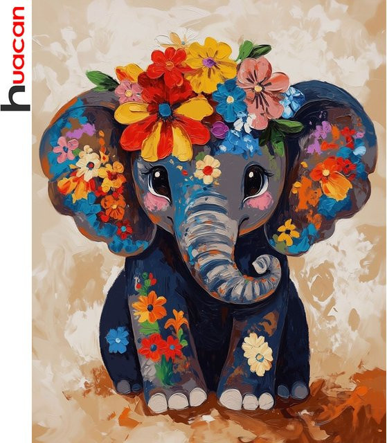Huacan 5D-Diamantgemälde Elefant mit Blumenkranz, rund, mehrfarbig - Bild 1