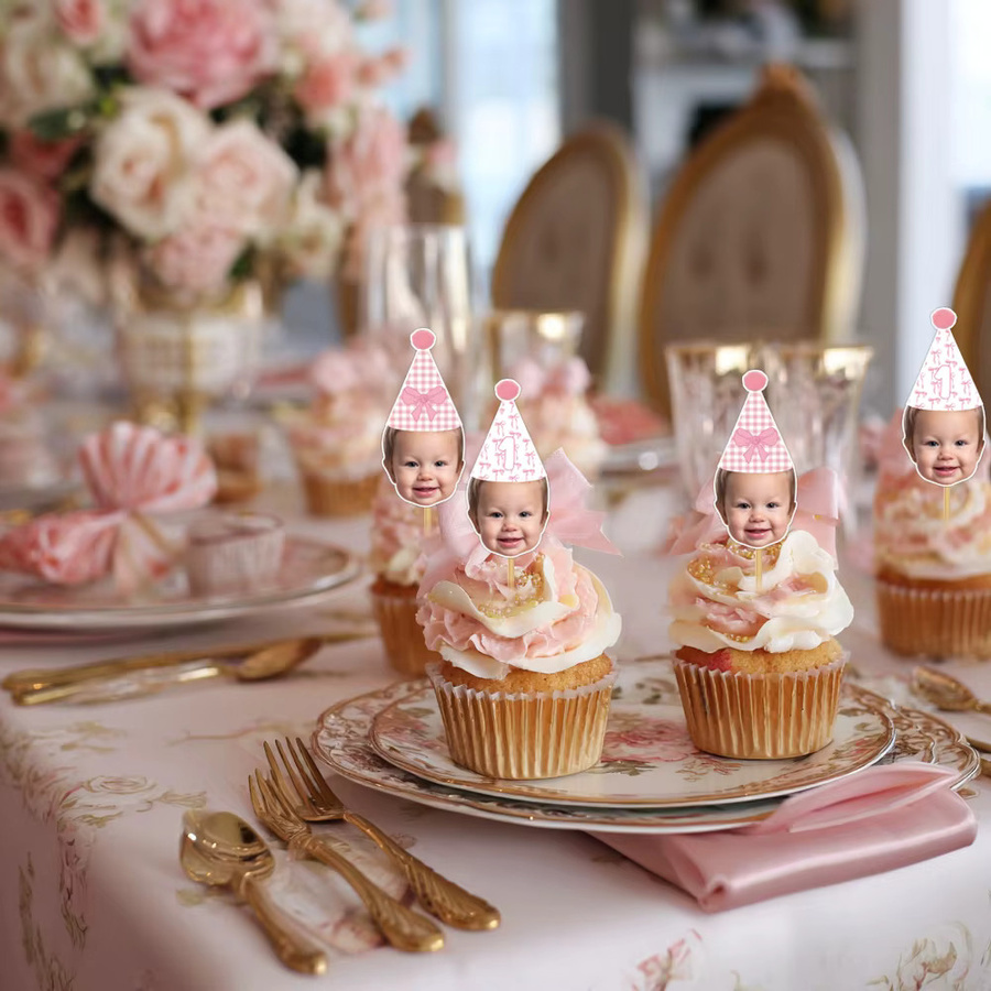 Joy-enlife Personalisierte Geburtstagstorte Topper mit rosa Schleifen und individuellem Foto für Kindergeburtstage - Bild 3