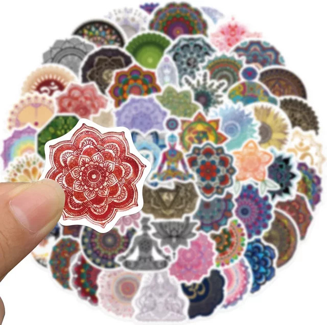 60 Stück GOGOTU Aufkleber Set mit Mandala Blumen und Yoga Motiven in Multicolour zur Dekoration von Notebook, Laptop und Skateboard - Bild 1