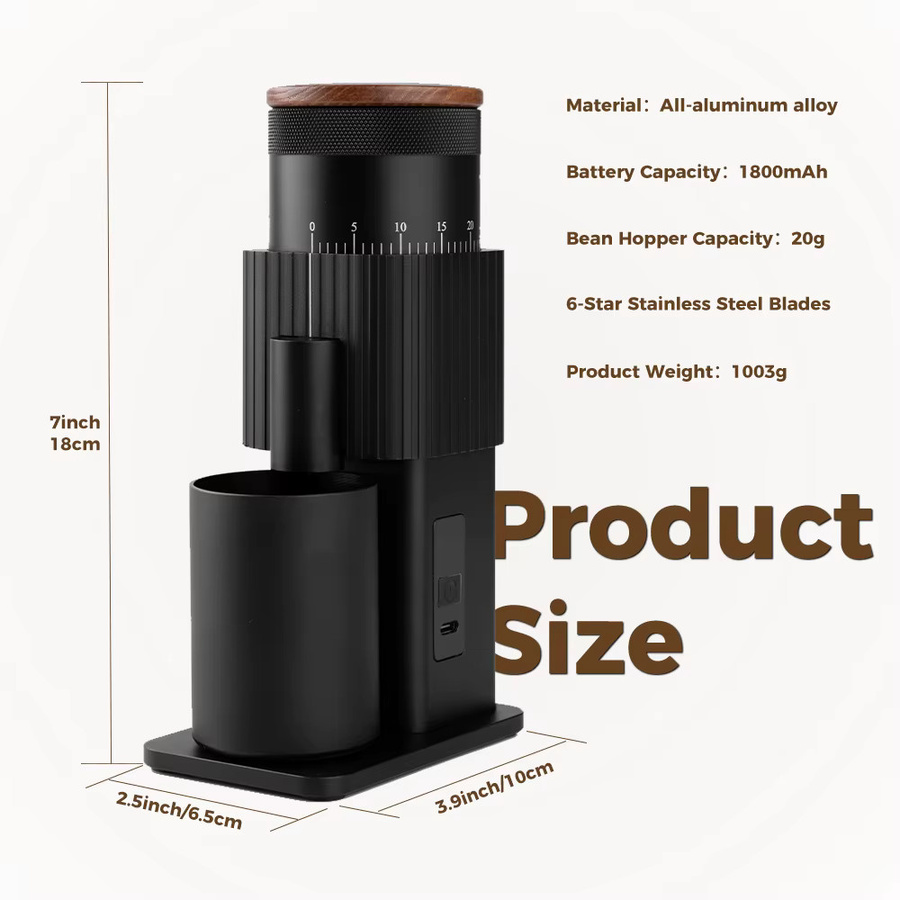CF Wisdom Elektrische Kaffeemühle Schwarz, Tragbare USB-Aufladbare Kaffeebohnenmühle mit Einstellbaren Mahlgraden für Reisen, Zuhause und Büro - Bild 4