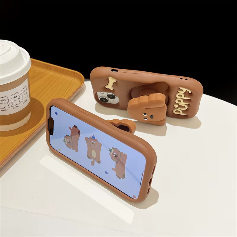 MUQGEW Silikon-Handyhülle mit Cartoon-Teddy-Welpen-Design und Teleskopfunktion für iPhone 16, 15, 14, 13, 12 Pro Max, braun - Bild 3
