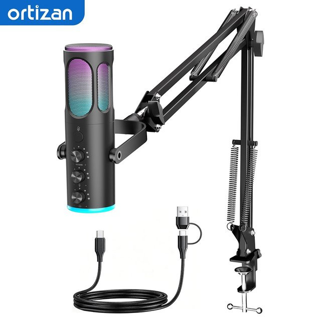 Ortizan Gaming-Mikrofon USB-Kondensatormikrofon in Schwarz für PC, PS4/5 und Mac mit Geräuschunterdrückung, Stummschaltung, Reverb, verstellbarem Arm und Pop-Filter - Bild 1