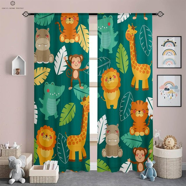 Yiran Furniture Waldtier Cartoon Vorhänge für Kinder aus Polyester in Grün, 2er-Set mit Ösen, Breite: 50 cm, Höhe: 130 cm - Bild 1