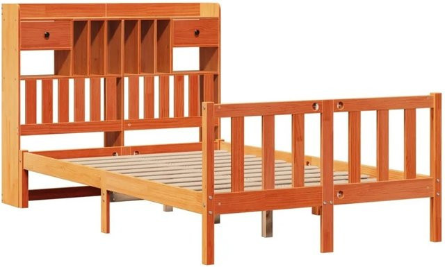 vidaXL Massivholzbett aus Kiefernholz mit Kopfteil und Regal in Braun, B/T/H: 140 x 190 cm - Bild 1