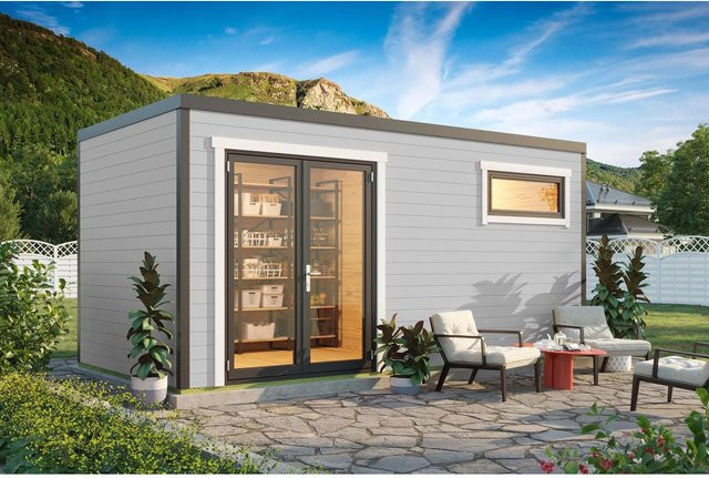 Lasita Holz-Gartenhaus Sardinia Blockbohlenhaus mit Flachdach in Lichtgrau, B/H/T: 500 x 239,4 x 250 cm - Bild 1