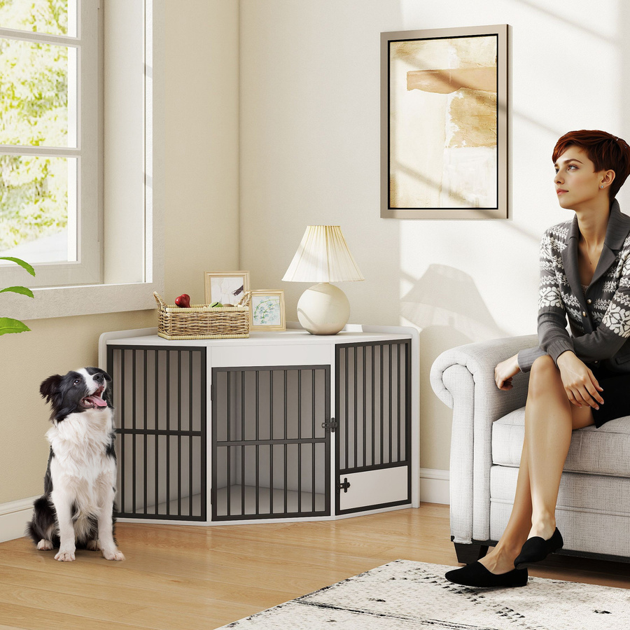 PawHut Eck-Hundekäfig Hundebox für Zuhause, abschließbare Hundehütte Indoor mit drehbarer Fütterungstür für kleine und mittlere Hunde, Weiß, B/T/H: 113 x 80 x 64 cm - Bild 2