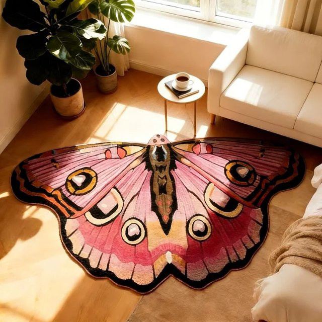 VIKAMA Rutschfester Teppich in unregelmäßiger Form mit Schmetterlingsmuster und weichem Plüsch in Multicolour für dein Wohnzimmer oder Schlafzimmer - Bild 1