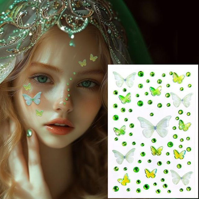 Velishy Schmetterling Strass Gesicht Aufkleber, Schimmernd - Bild 1