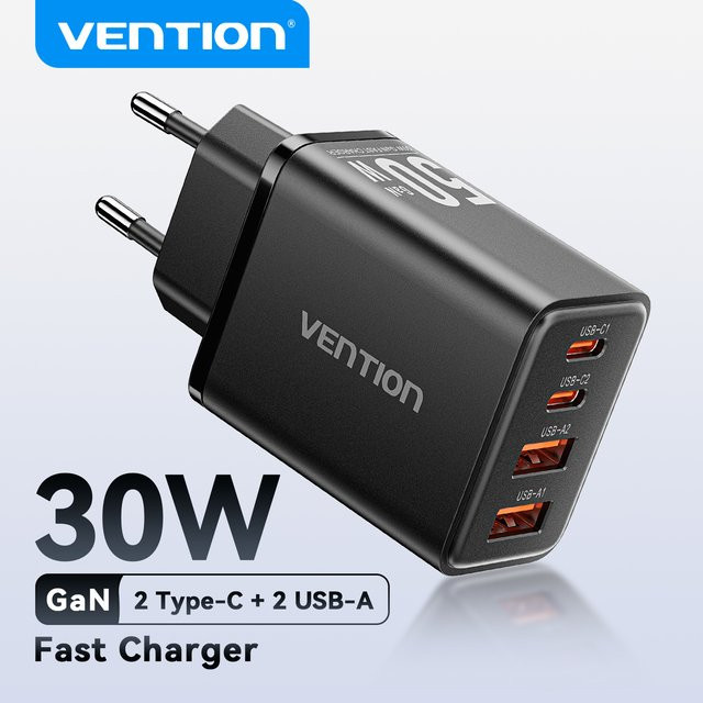 Vention 30W GaN Ladegerät mit USB-C Dual-Port für iPhone, Xiaomi und iPad in Schwarz - Bild 1