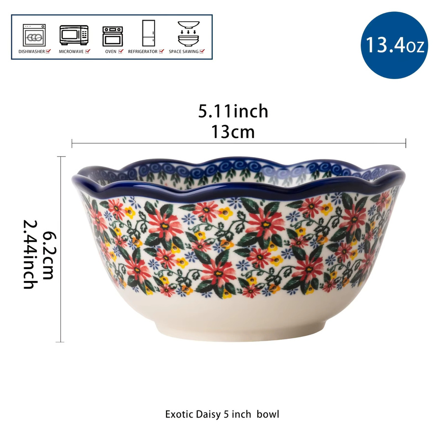 Daiso Keramikschalen im Töpferstil mit floralem Blumenmuster und wellenförmigen Kanten, Mehrfarbig - Bild 3