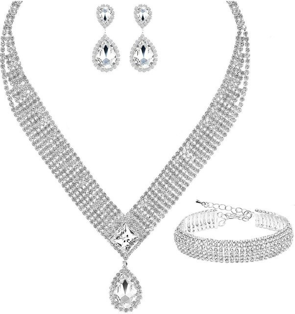 Schmuck-Set, Wassertropfen-Anhänger, Halskette, Ohrringe, Silber, Zirkonia, Damen - Bild 1