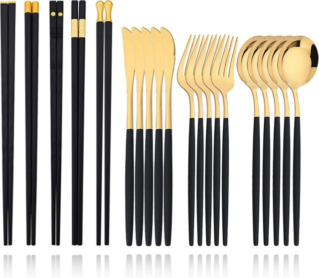 PINKTEN Koreanisches Besteckset aus Edelstahl in Schwarz und Gold, 20-teiliges Luxus-Set mit Messer, Gabel, Löffel und Stäbchen - Bild 1