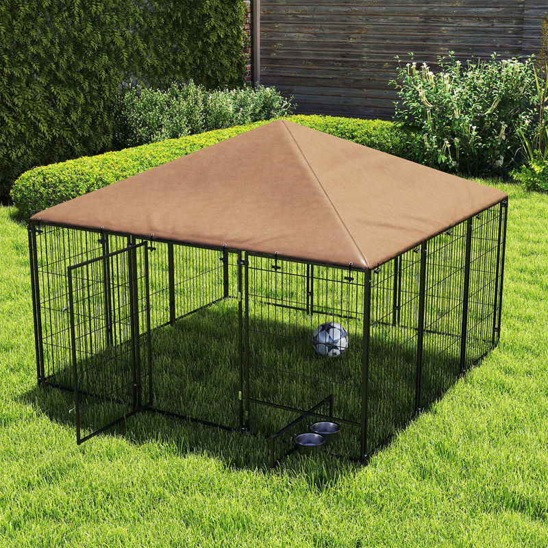PawHut Hundezwinger für draußen aus Stahl und Oxford-Gewebe mit Napfhalter und wetterfestem Dach, B/T/H: 211 x 211 x 151 cm, Schwarz und Braun - Bild 2