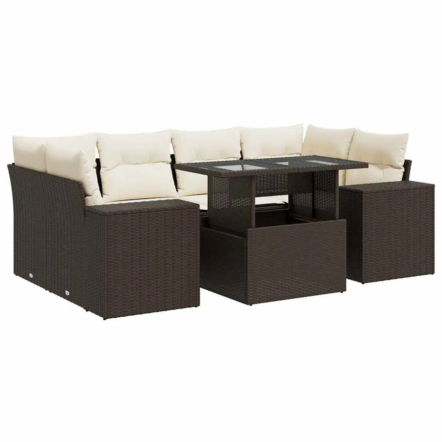 vidaXL 7-teilige Garten-Sofagarnitur in L-Form aus braunem Poly-Rattan mit cremeweißen Kissen und pulverbeschichtetem Stahlgestell - Bild 2